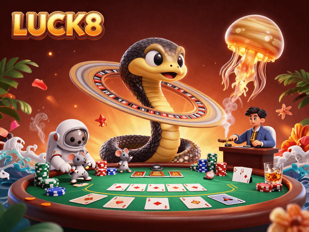 Hình ảnh LUCK8 về một sòng bài không gian với các nhân vật độc đáo và khí quyển thú vị.