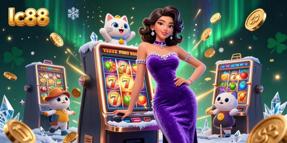 Experience winning at lc88 with a glamorous 3D illustration of a slot machine jackpot, coins, and festive elements.