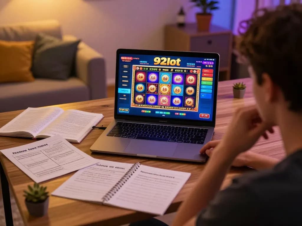 Engaged player enjoying 92slot on a laptop in a cozy gaming setup, focused on gameplay