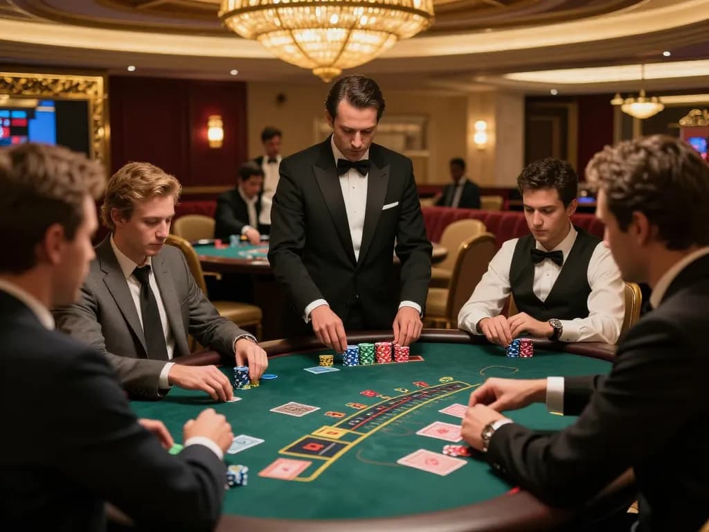 Players place strategic bets at Sunwin blackjack tables in sophisticated casino setting.