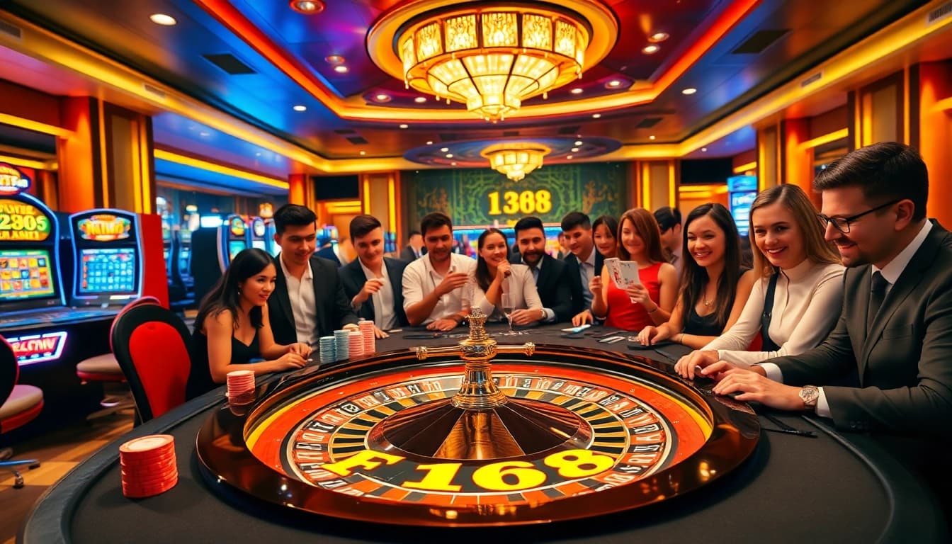 Experience the thrill of F 168 with players engaging at a luxurious casino table amidst vibrant gaming elements.
