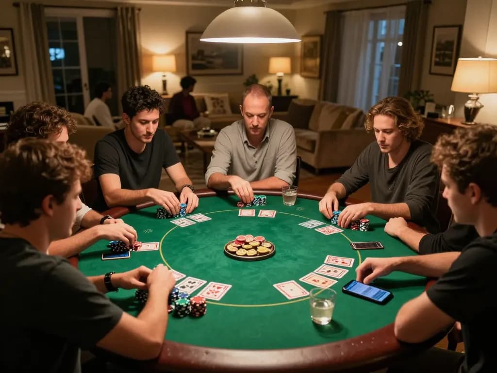 Players engaging in poker at home, showcasing jun88 strategies for responsible gaming and social bonding.