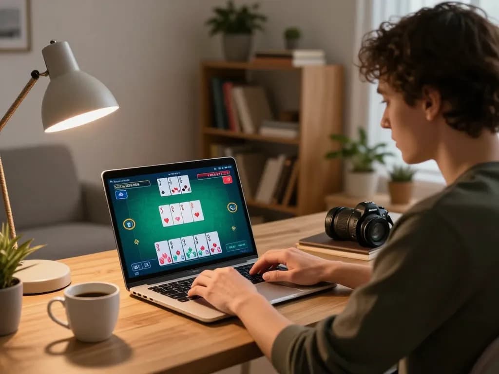 Player engaging in online poker at xin88 com from a cozy home office, showcasing modern gameplay.