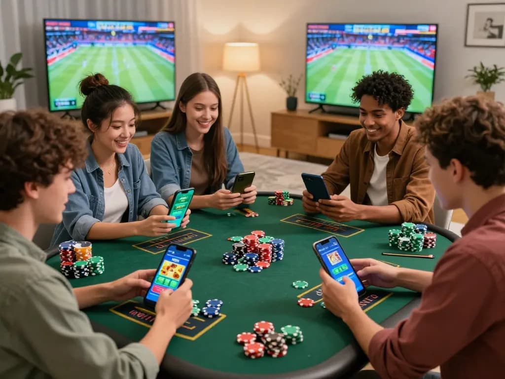 Friends enjoying SC88 mobile gambling experience with excitement and snacks in a modern living room.