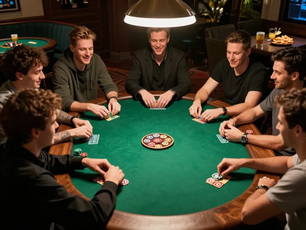Friends enjoying a poker game night at home, engaging strategically with 23winn