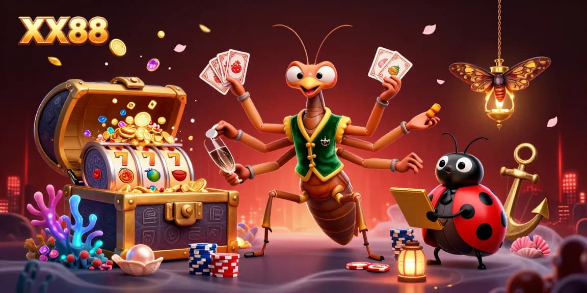 Experience thrilling fun with XX 88 as the giant mantis deals cards and champagne.