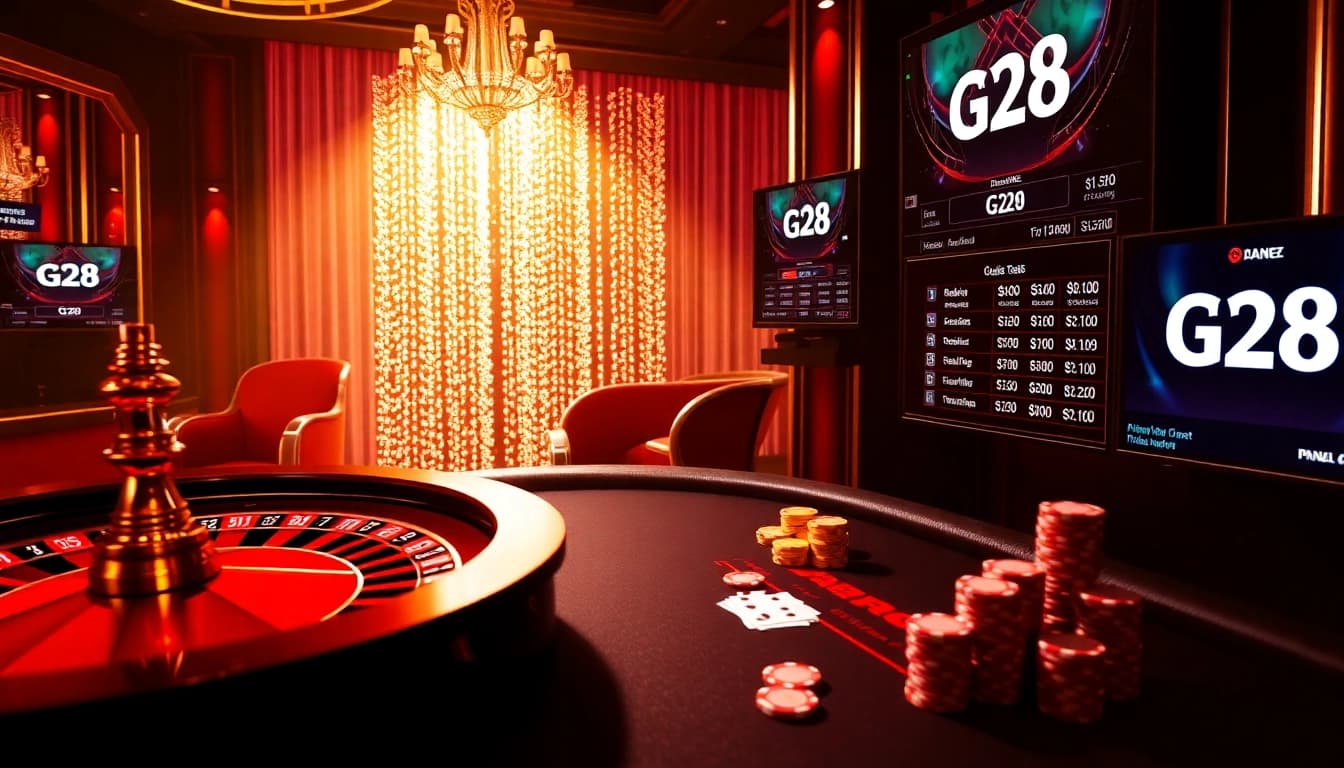Engaging atmosphere of G28 online casino with vibrant roulette wheel and poker table.