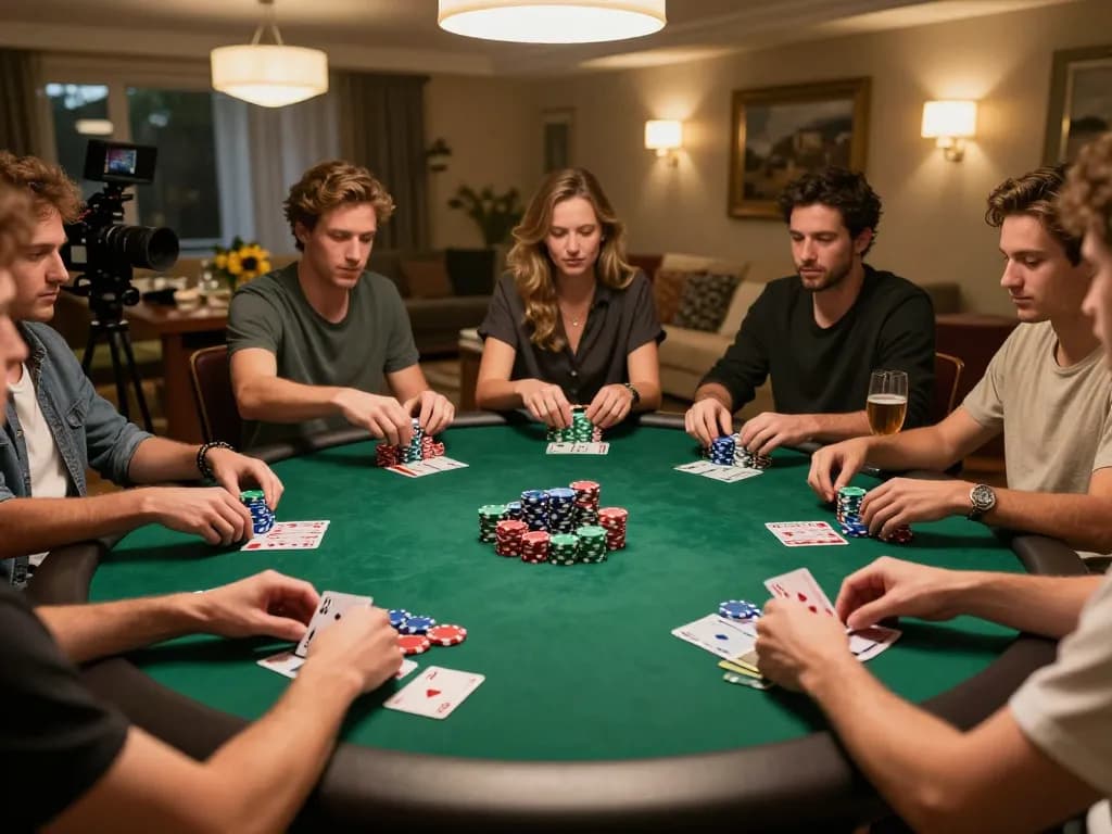 Players enjoying a poker night at home using 888top com for strategic betting and fun.