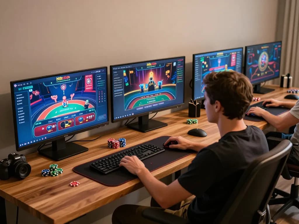 Engaging with Hitclub's online casino platform from a stylish home gaming setup