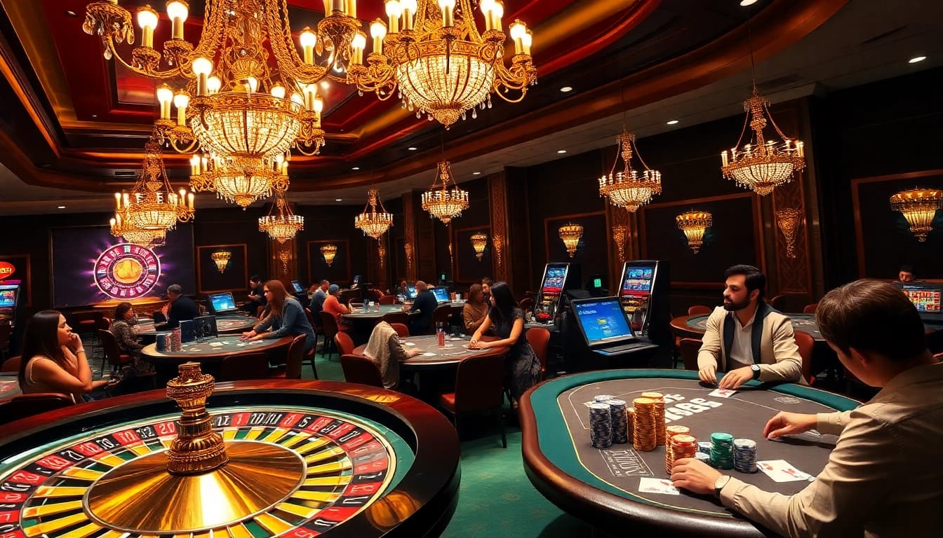 Experience thrilling gameplay at u8888's vibrant casino, showcasing poker tables and roulette wheels.