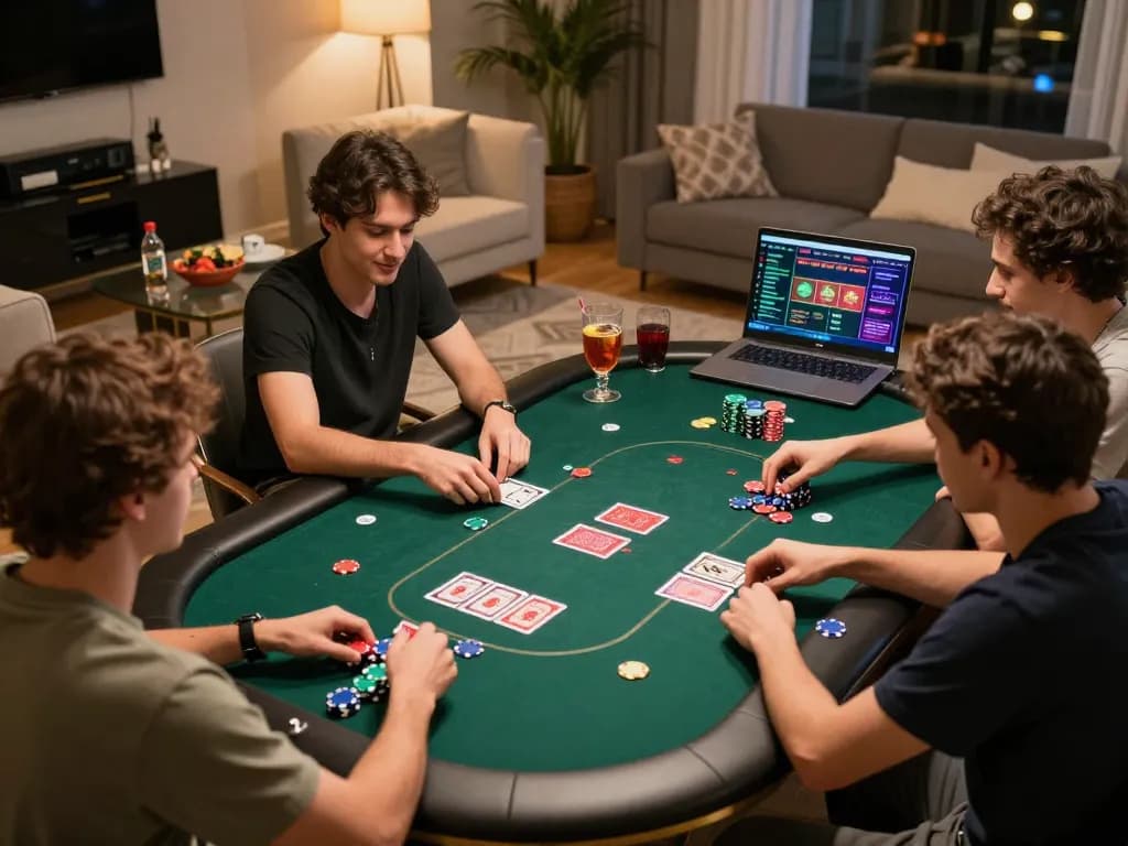 79king players strategizing around a poker table during an engaging home game night.