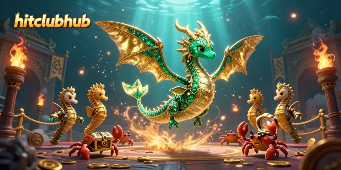 Experience the excitement of hitclubhub as a vibrant sea dragon guards a treasure chest amidst swirling golden elements.