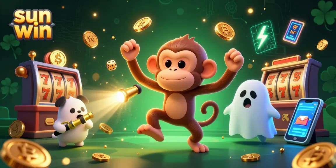 Win big at sun win casino as a poltergeist monkey juggles golden coins in a haunted setting.