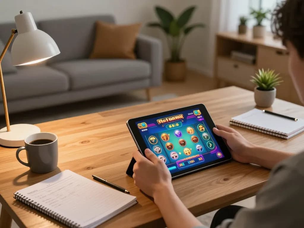 Playing tài xỉu online on a tablet, showcasing exciting gameplay graphics in a cozy home setup