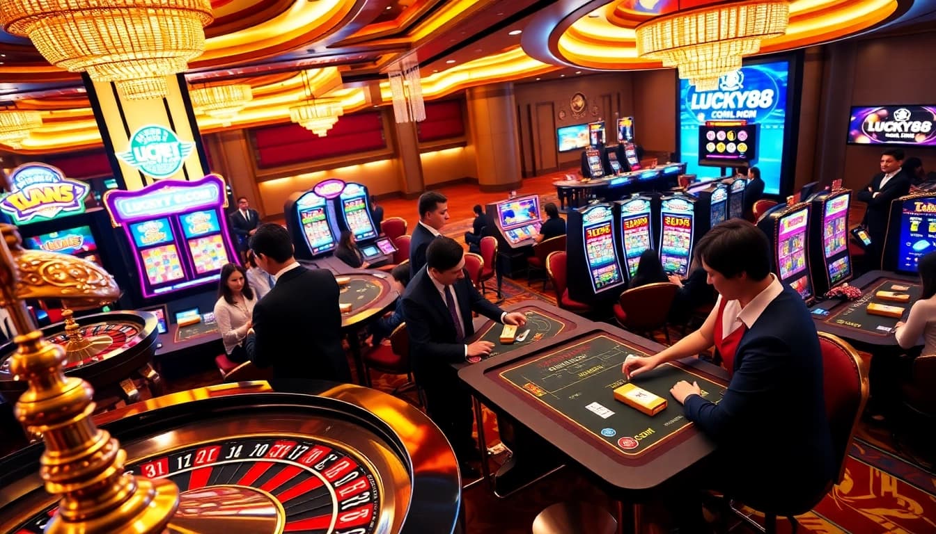 A thrilling casino experience at LUCKY88 COM with players engaging at roulette and slot machines.