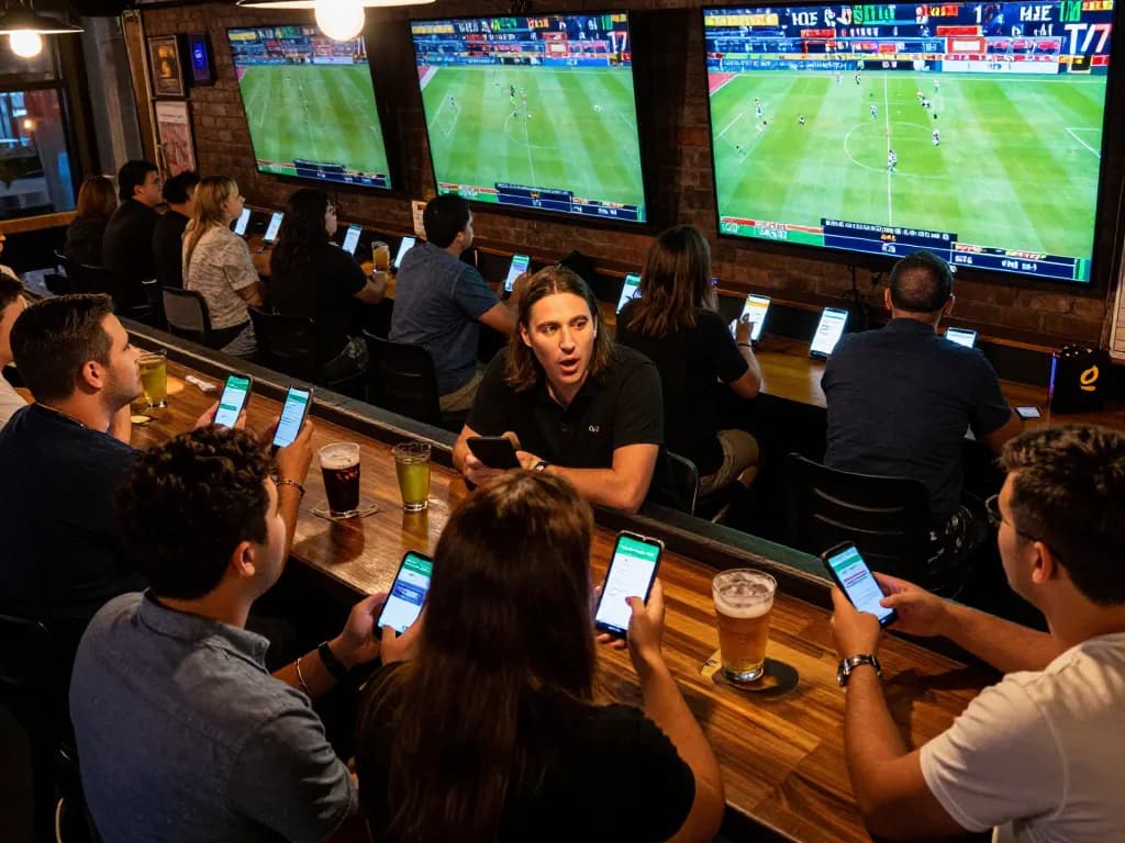 An excited group engaged in sports betting using the tylekeonhacai88 app during a major game night.