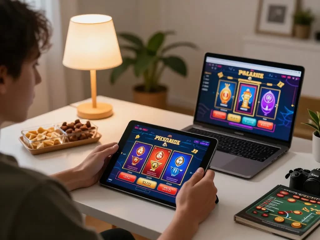 Player enjoying a relaxed online gambling session on a tablet with tr88seo app, set in a cozy home atmosphere.