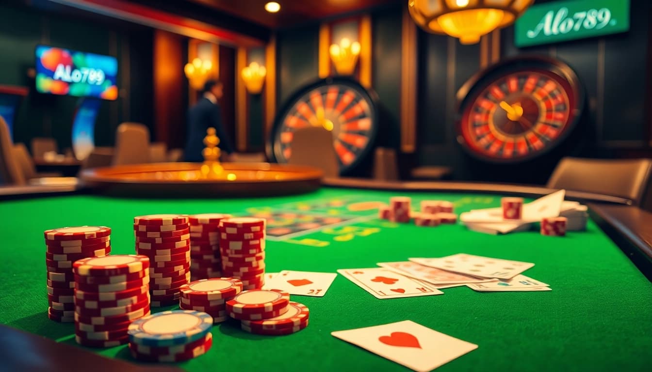 Excitement at ALo789's vibrant casino scene with poker chips and roulette wheel.