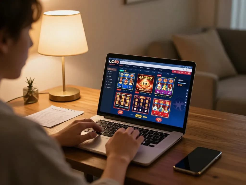 Person immersed in online gaming at LC88, showcasing casino interface and strategic elements in a cozy setting