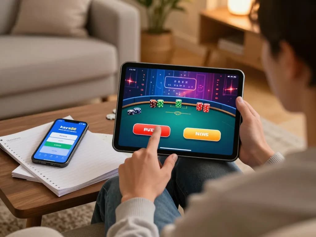 Kaya88 free credit user playing online casino poker at home with engaging tablet interface.