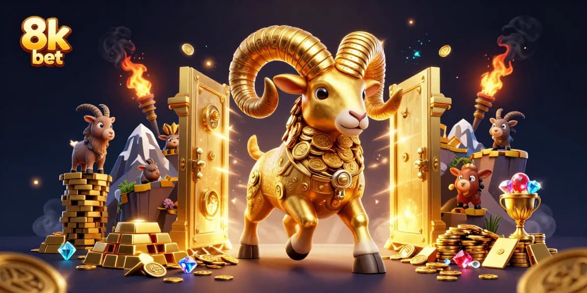Experience 8k bet with a vibrant 3D illustration featuring a golden ram amidst treasure and excitement.