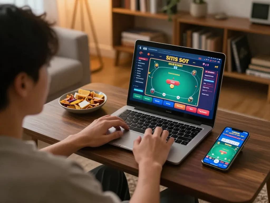 Engaging in situs slot gameplay at home with laptop and snacks in a cozy environment