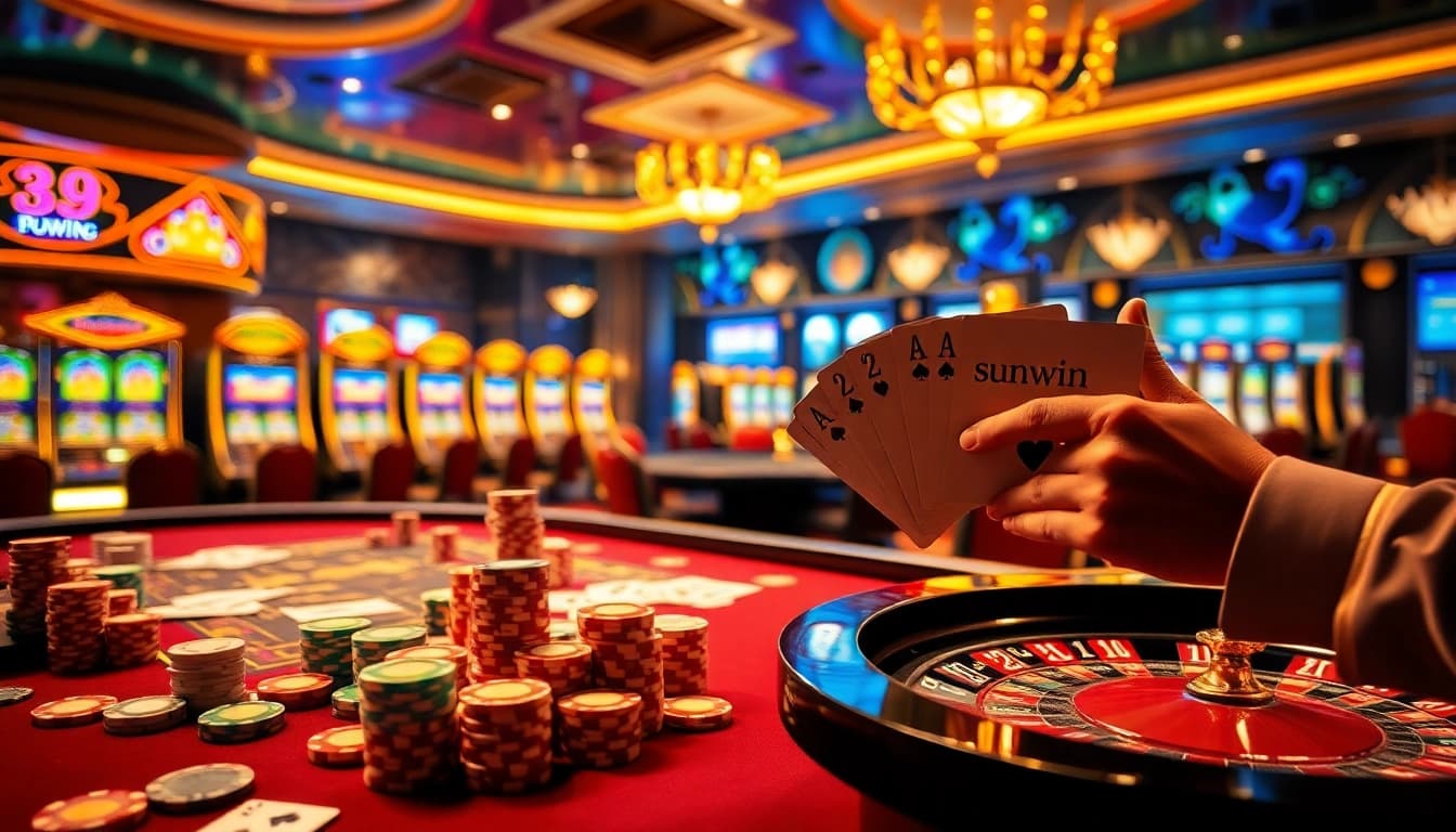 Experience the thrill of winning at the 'sunwin' casino table with vibrant poker chips and a roulette wheel.