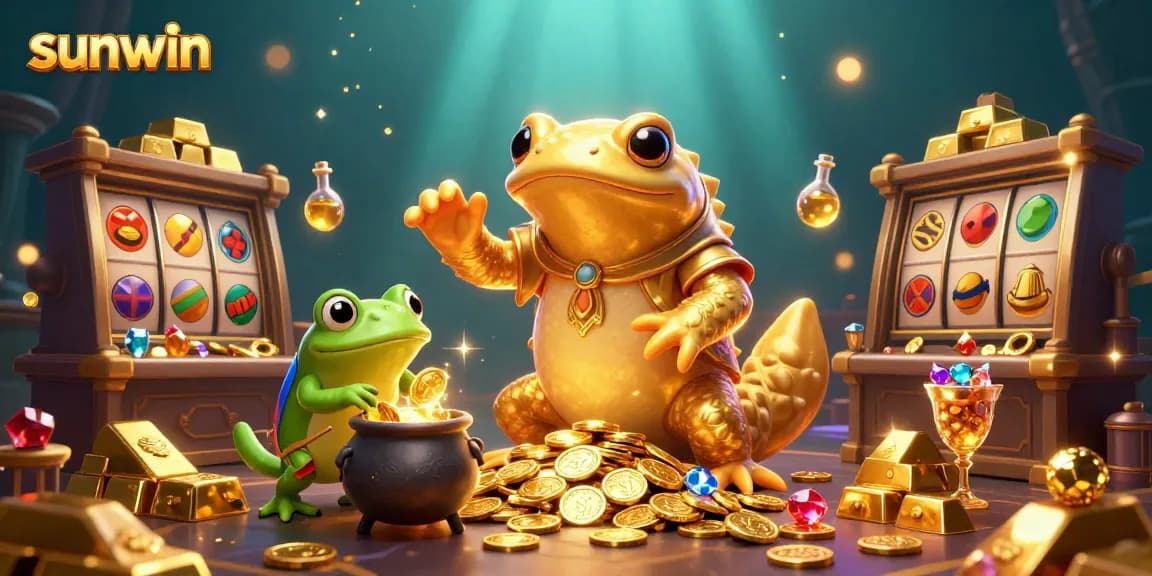 Win big at sunwin with a golden alchemist and rich casino treasures in this 3D illustration.