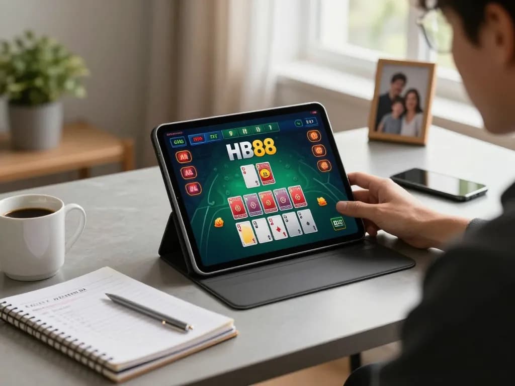 Player engaging in online casino games at HB88 on a tablet while reviewing strategies.