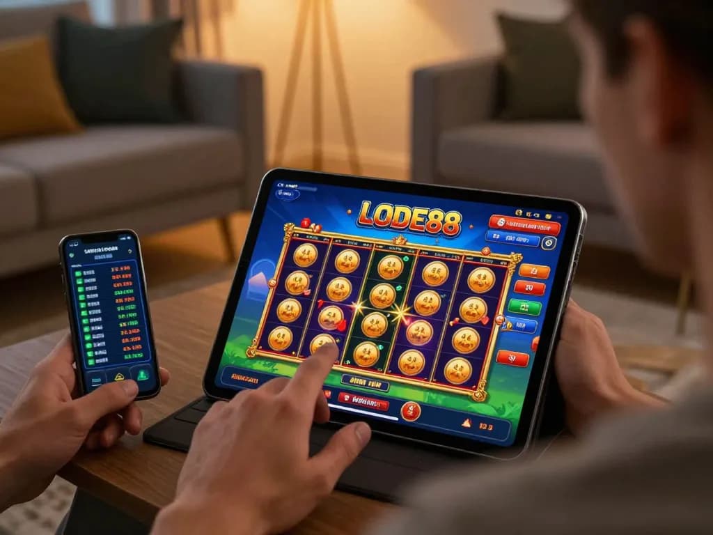 Engaged player using the LODE88 app on a tablet for a slot game in a cozy living room.