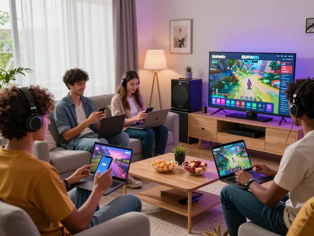 Exciting moment for players tải sunwin on various devices in a cozy gaming setup, full of energy and joy.