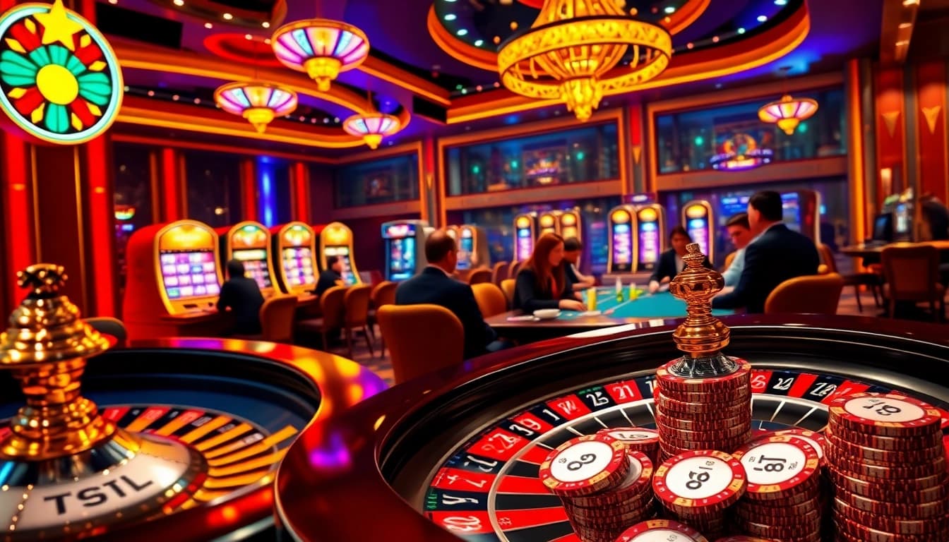 A vibrant casino scene with players enjoying poker and roulette, featuring tg88.black branding, capturing the thrill of high-stakes gambling.