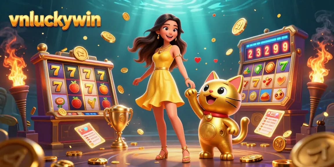 Play and win with vnluckywin in a vibrant, lucky casino atmosphere filled with dynamic slot reels and cheerful interactions.