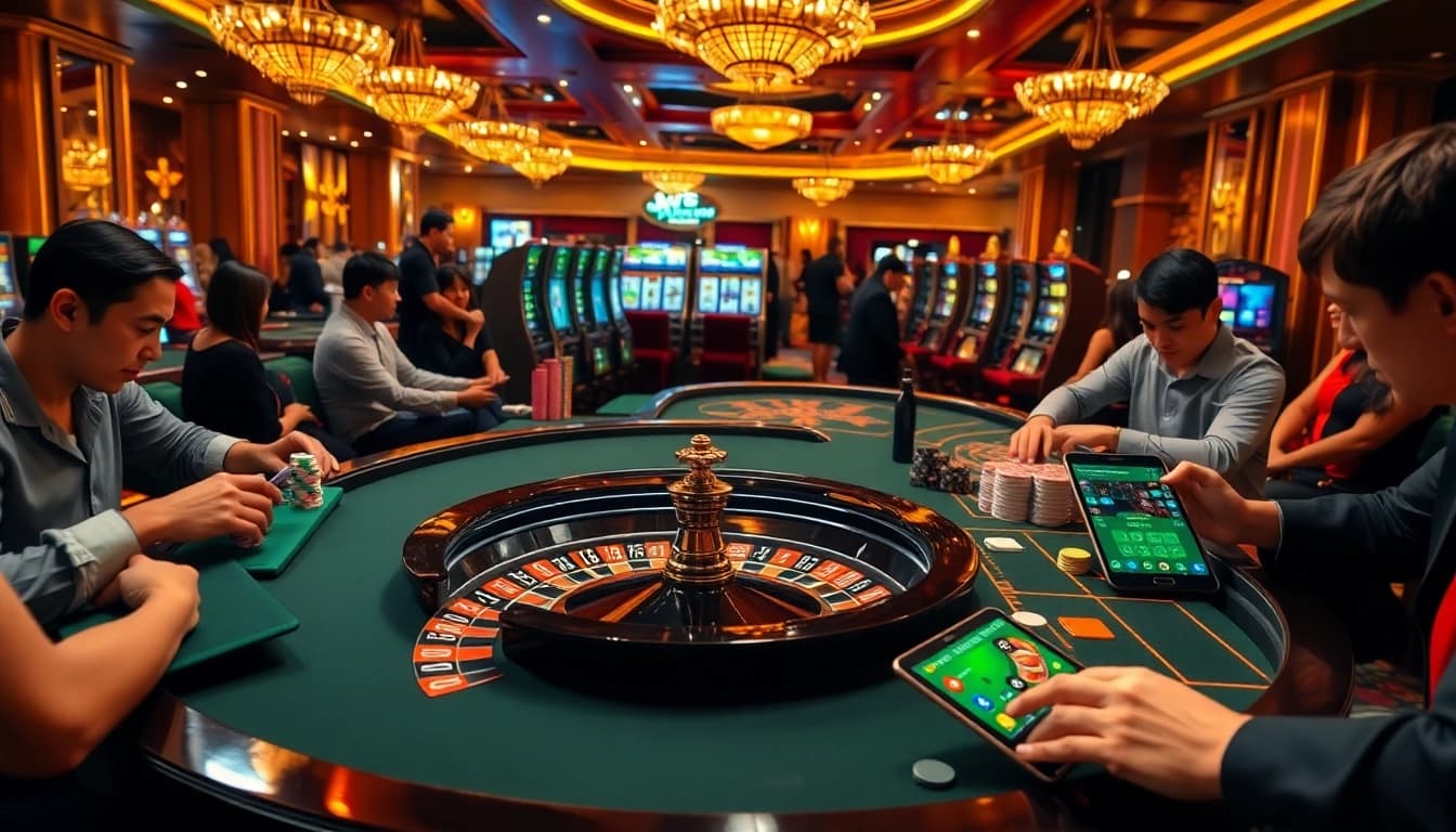 High-stakes betting at MV88 casino with roulette, poker, and digital interfaces.