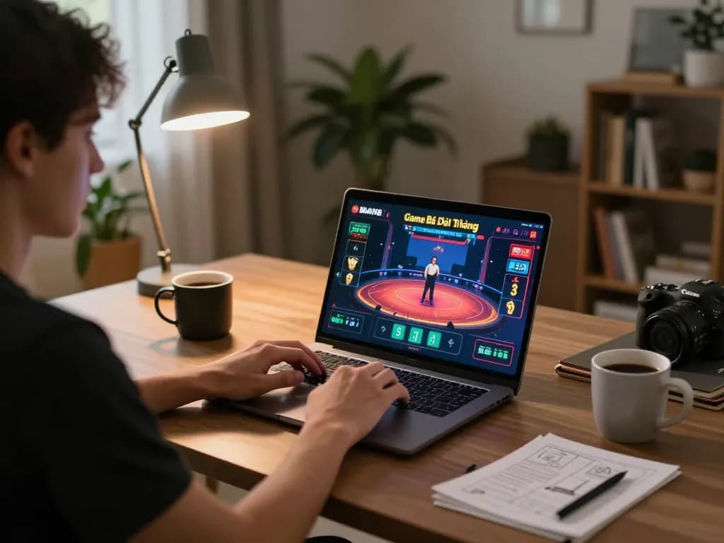 Engaging in Game Bài Đổi Thưởng at a stylish home office setup with modern decor