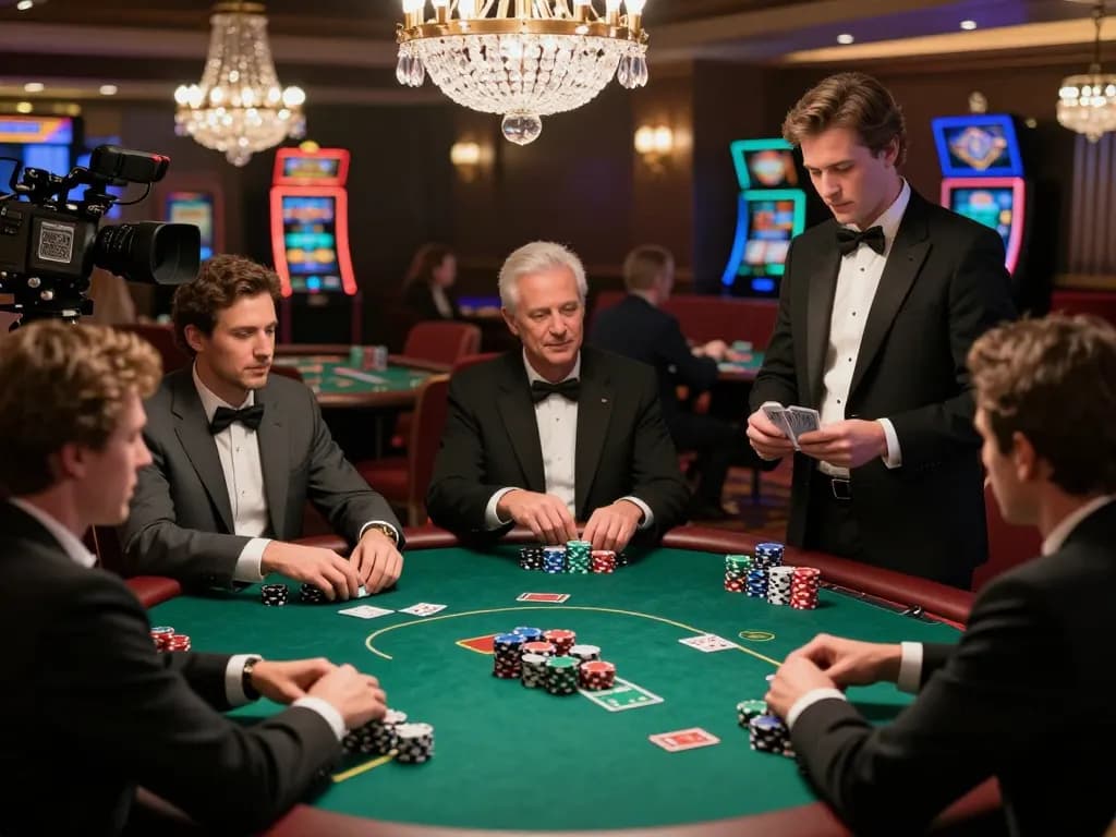 Players engaging intensely in a poker game at cm88 casino with elegant decor and ambient lighting.