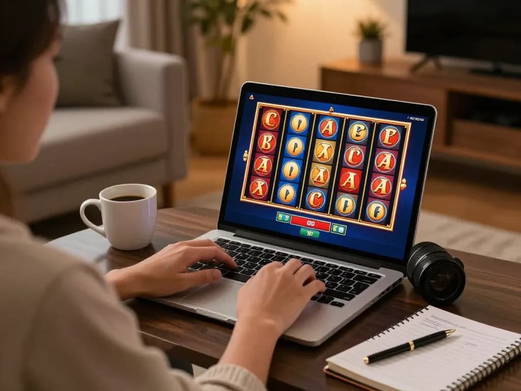Pucuk138 player engaging with online slot game on laptop in cozy home setting, combining comfort with exciting gameplay.