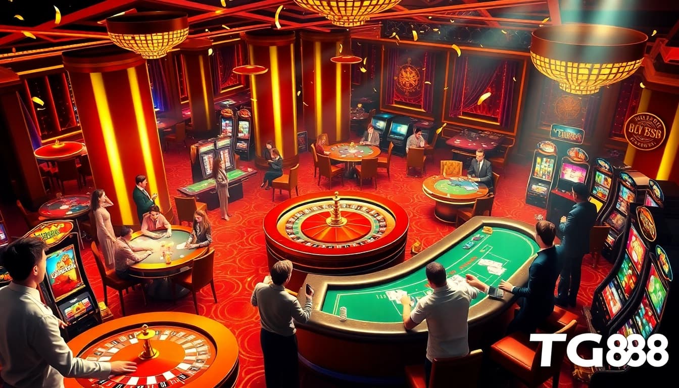 Players enjoying thrilling casino games at TG88, celebrating wins at poker and slots.