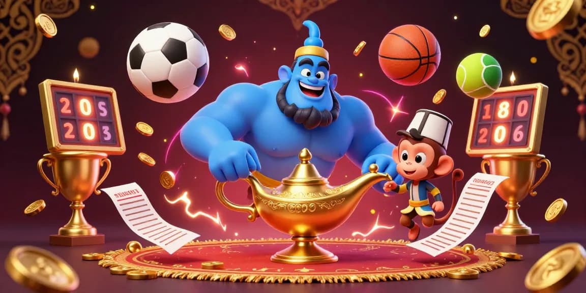 Engage with kết quả bóng đá in a vibrant sports betting scene featuring a genie and dynamic sports elements.