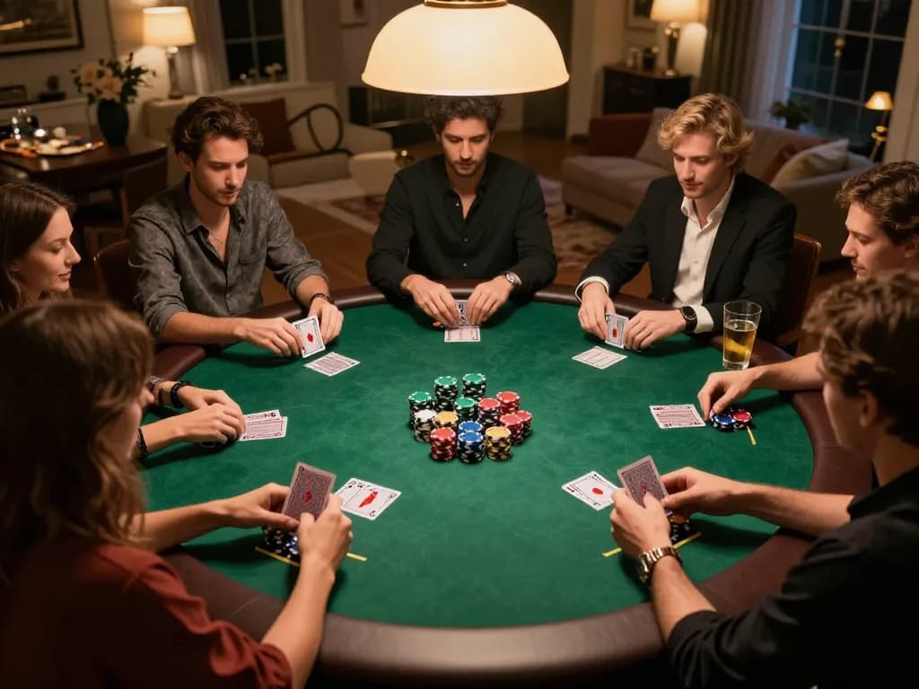 A vibrant overhead scene of a poker game at home showcasing players engaged in action on https://www.atqvn.com/ with colorful chips and cards.