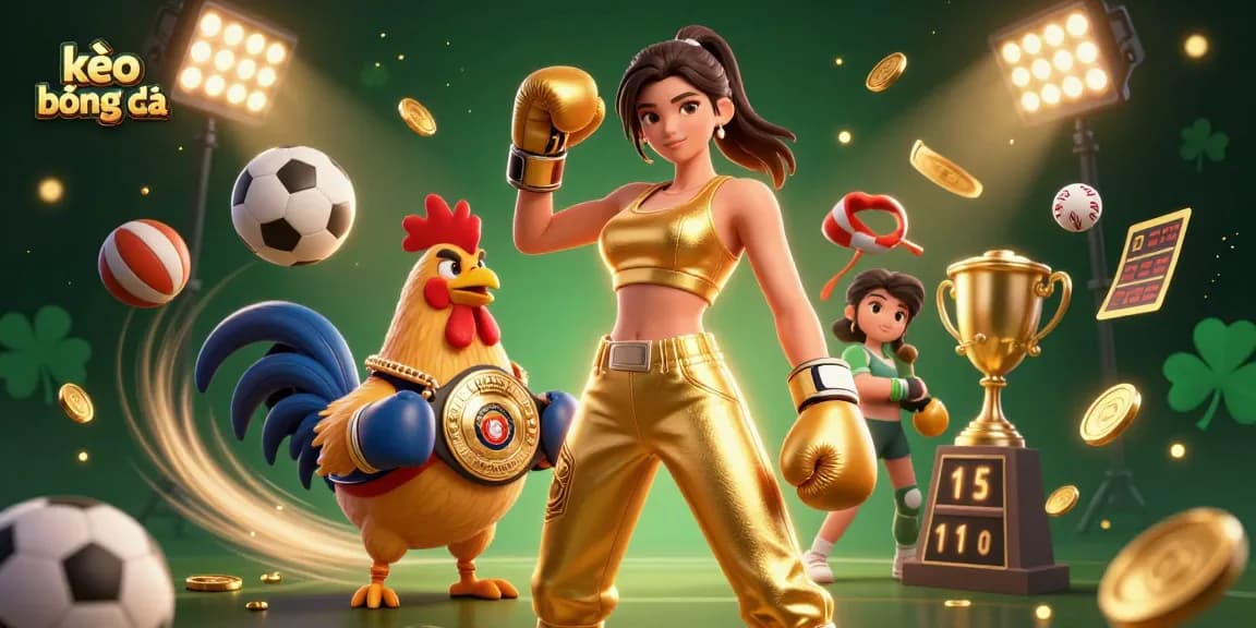 Experience kèo bóng đá thrills with an athletic woman and cartoon rooster in a dynamic betting scene.