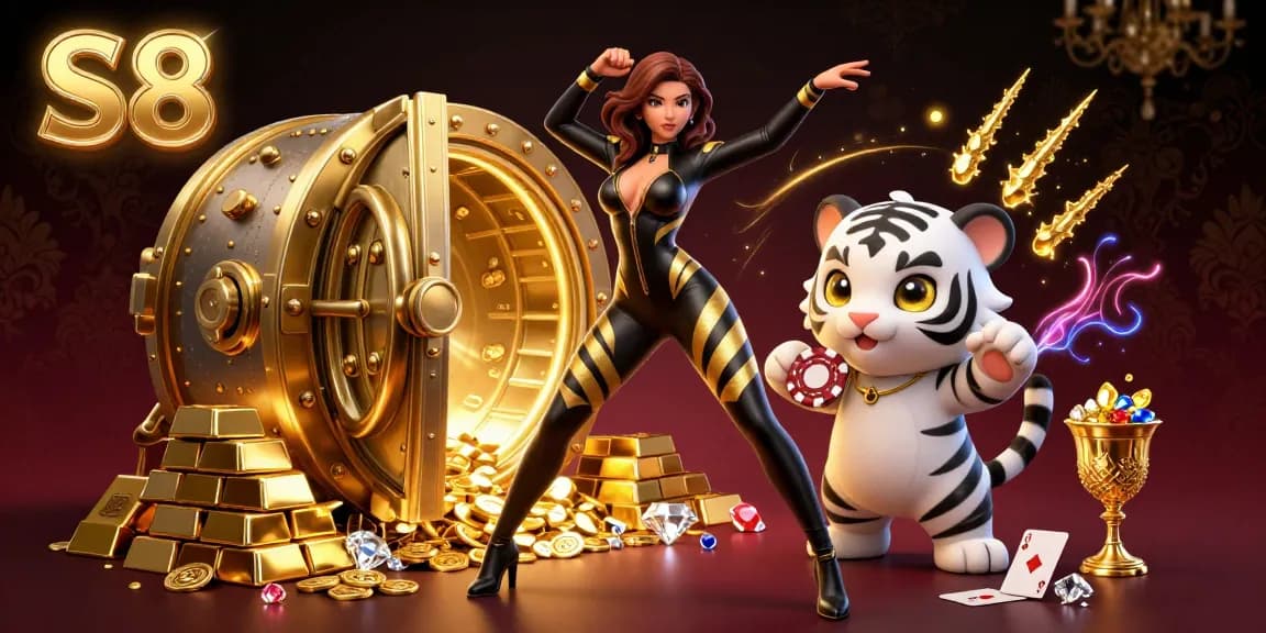 S8 shines as a vibrant online casino illustration with a woman in a striking catsuit and a playful tiger.
