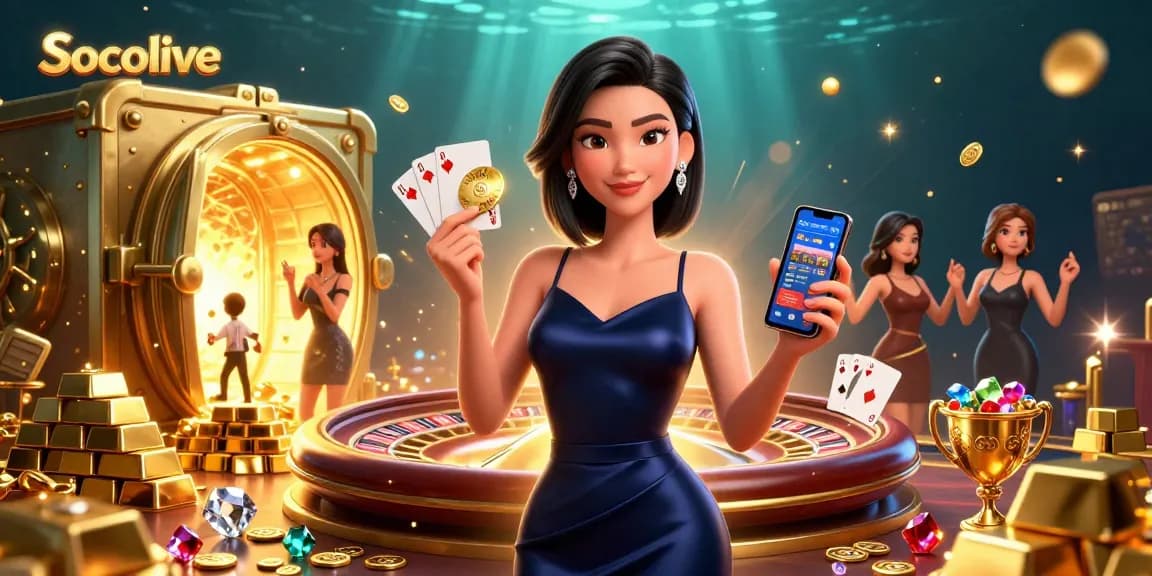 Socolive enhances gaming excitement with stunning visuals, showcasing an Asian woman with casino elements.