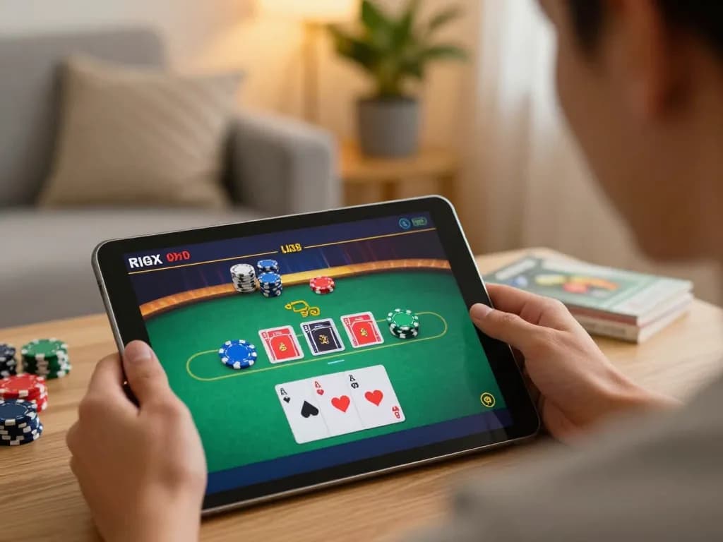 Engaging in online gaming at LV88, focusing on a high-stakes poker game on a tablet
