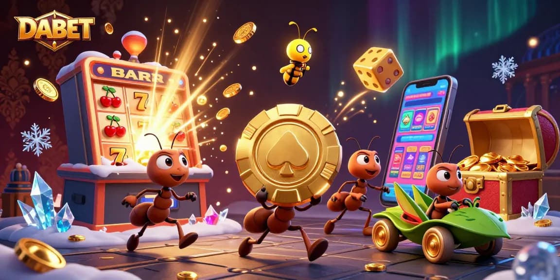 DABET's heist adventure with animated ants carrying a giant poker chip, showcasing vibrant casino elements.