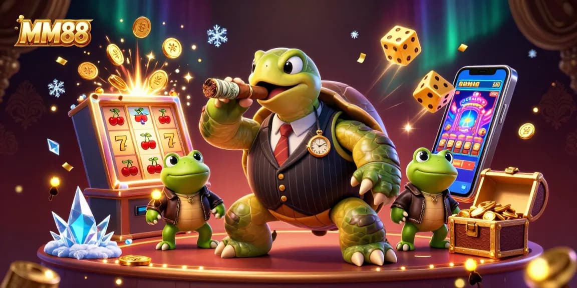 Experience excitement with MM88's lavish casino scene featuring a lively snapping turtle and frog enforcers.