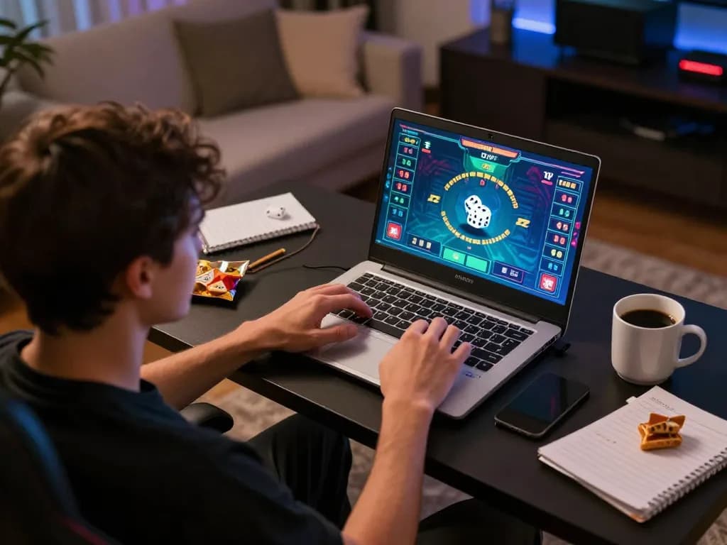 Tài xỉu online gameplay on laptop in a cozy home setup, showcasing a player's engagement in thrilling betting.