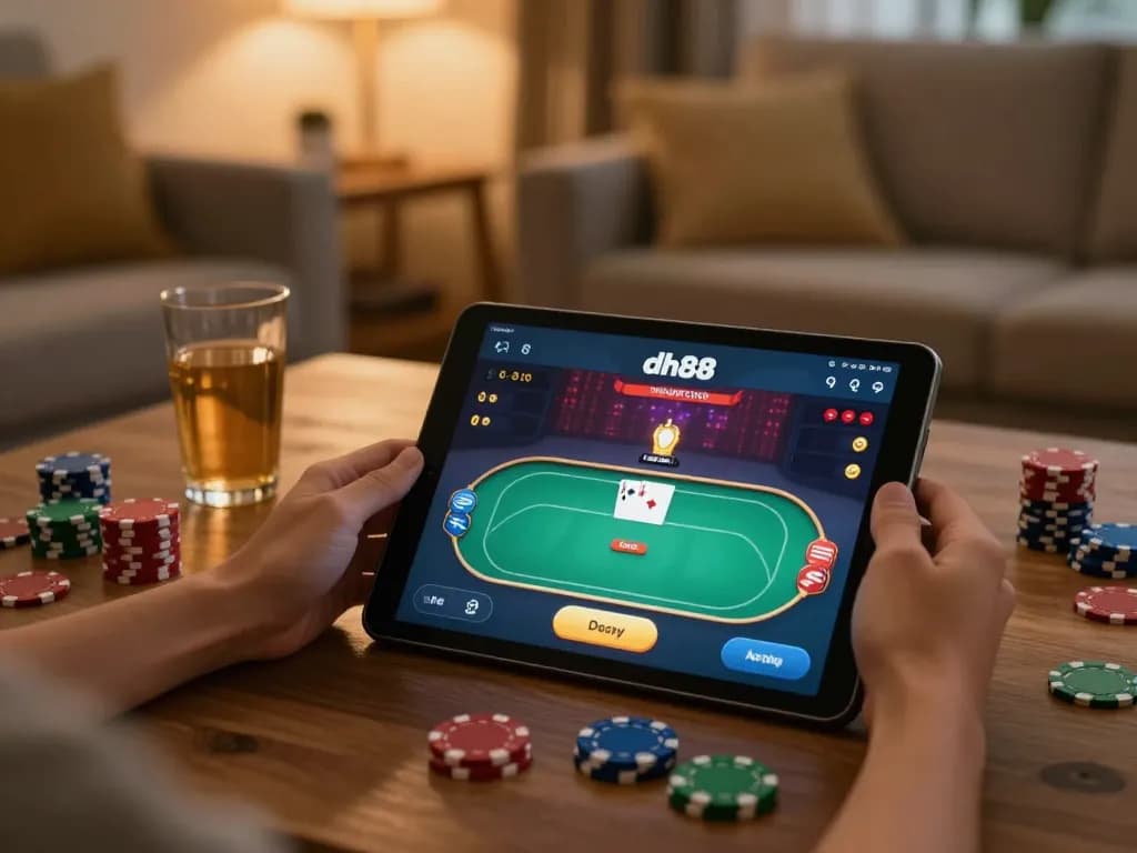 Person engaged in gaming with the dh88 app on tablet in cozy living room setting.