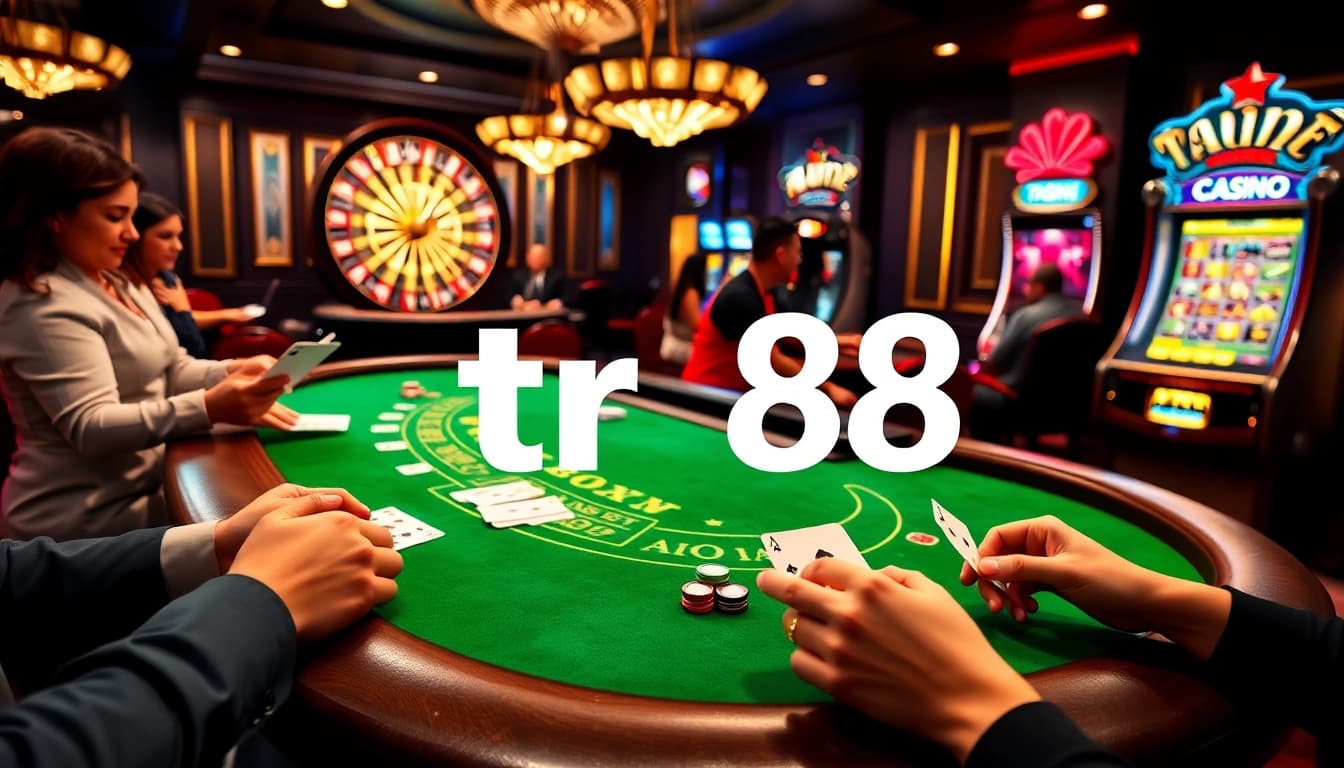 Engaging players at a tr88 casino table with vibrant chips, cards, and a spinning roulette wheel.