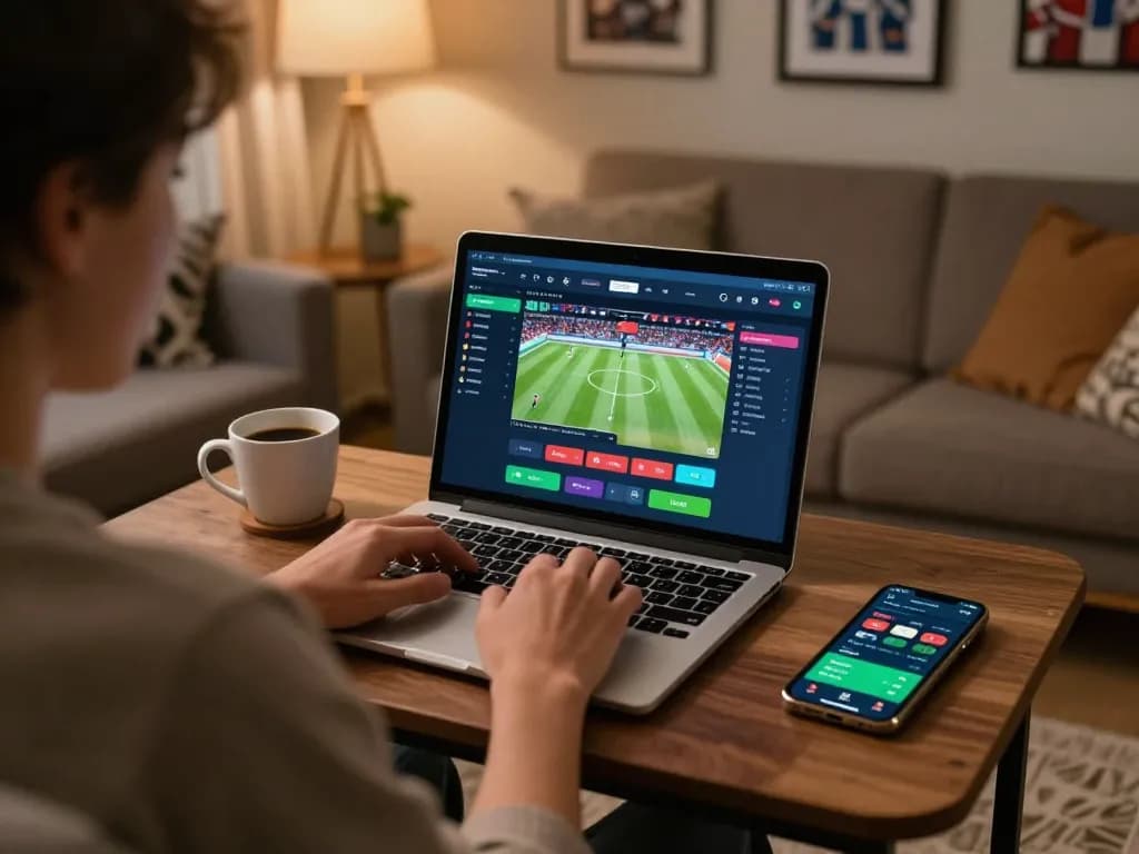 Person placing bets on hitclub using a laptop, capturing the excitement of sports betting at home.